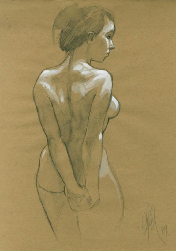 Fabrice Meddour - Nu bras en arrière sur papier de couleur