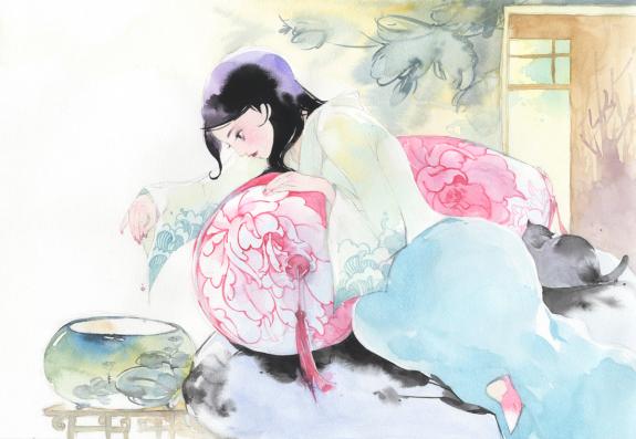 Mimi - Illustration originale - Fille au chat